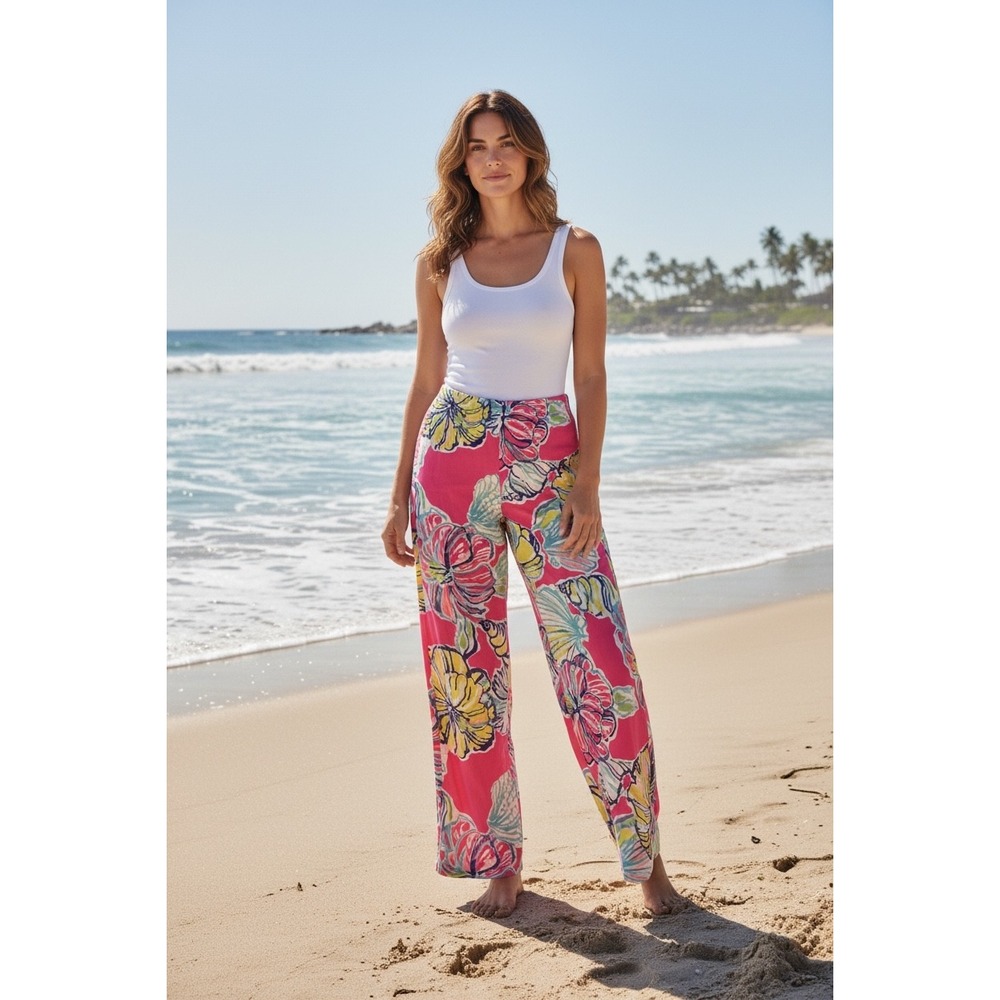 Lilly Pulitzer Palazzo Pants Womens M Pink Floral Shell Print Wide Leg Coastal